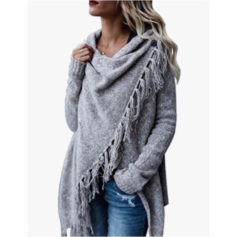 Poncho wth tassels / light weight knit Poncho /Cardigan/ button closure